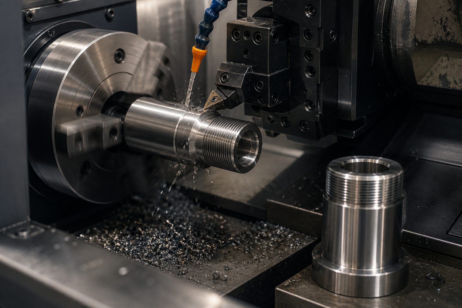 Mecanizado CNC de una pieza cilíndrica de acero con rosca de precisión