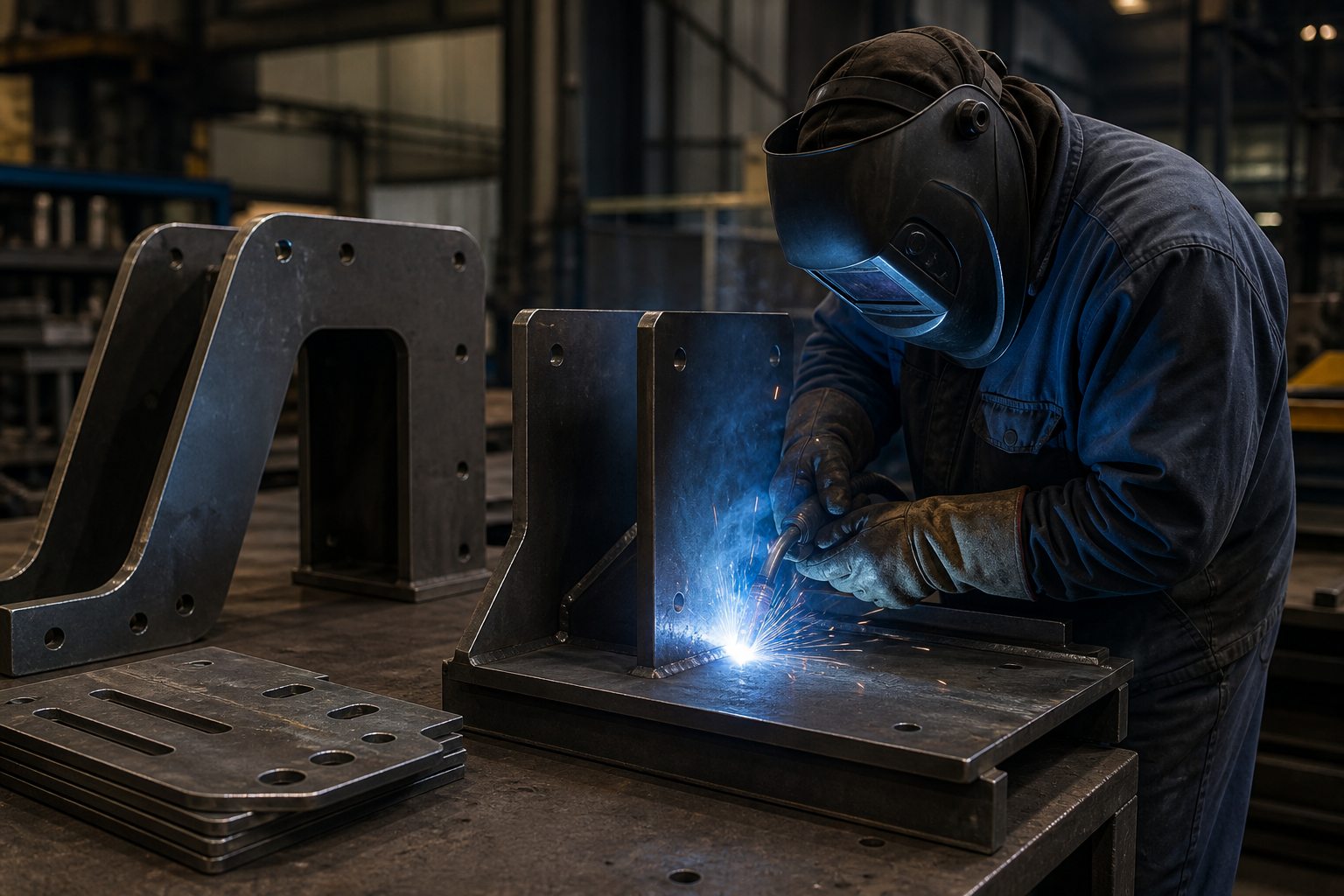 Soldador especializado uniendo componentes industriales de acero